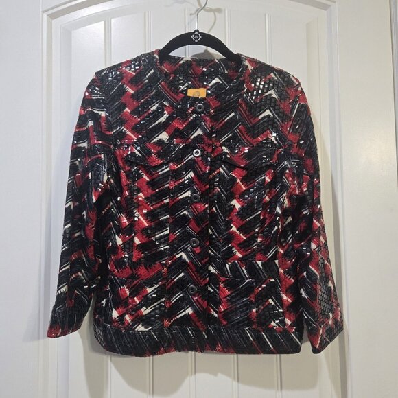 Ruby Rd. Size 6 Shiny Vinyl Button Front Jacket Blazer Red Black Lightweight - Picture 12 of 12